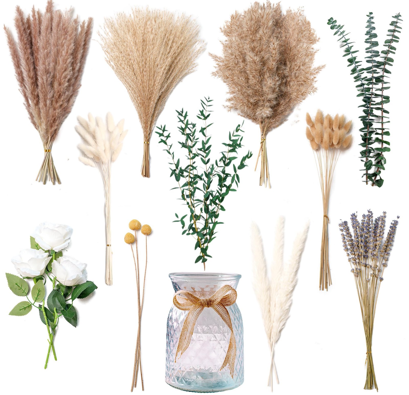 Faux Pampas Grass Floral Arrangement With Vase Artificial Flowers Table Decor