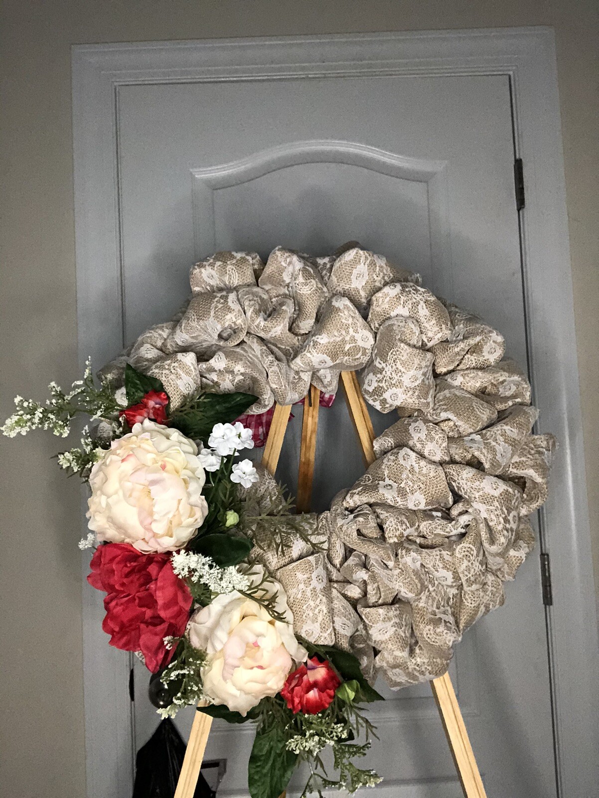 18” Front Door Wreath, Burlap And Flower – New Handmade