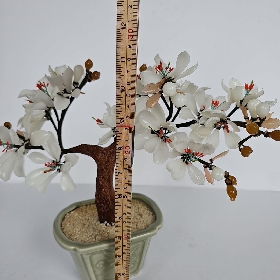 14″ Vintage Bonsai Tree Glass White Flower Blossom in Celadon Pot Handmade 1697