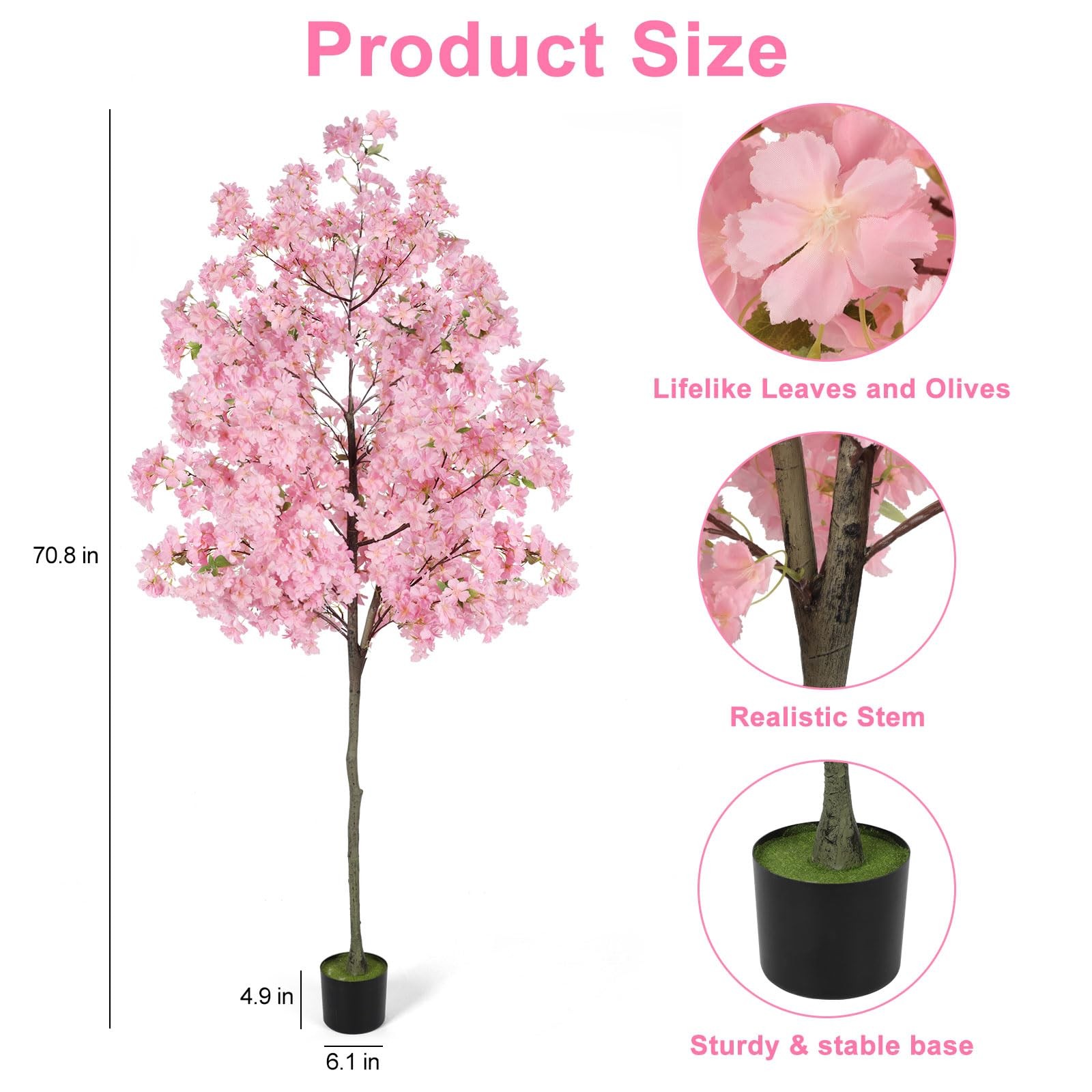 6Ft Tall Cherry Blossom Artificial Tree, Fake Tree Faux Silk Plant with Plast…