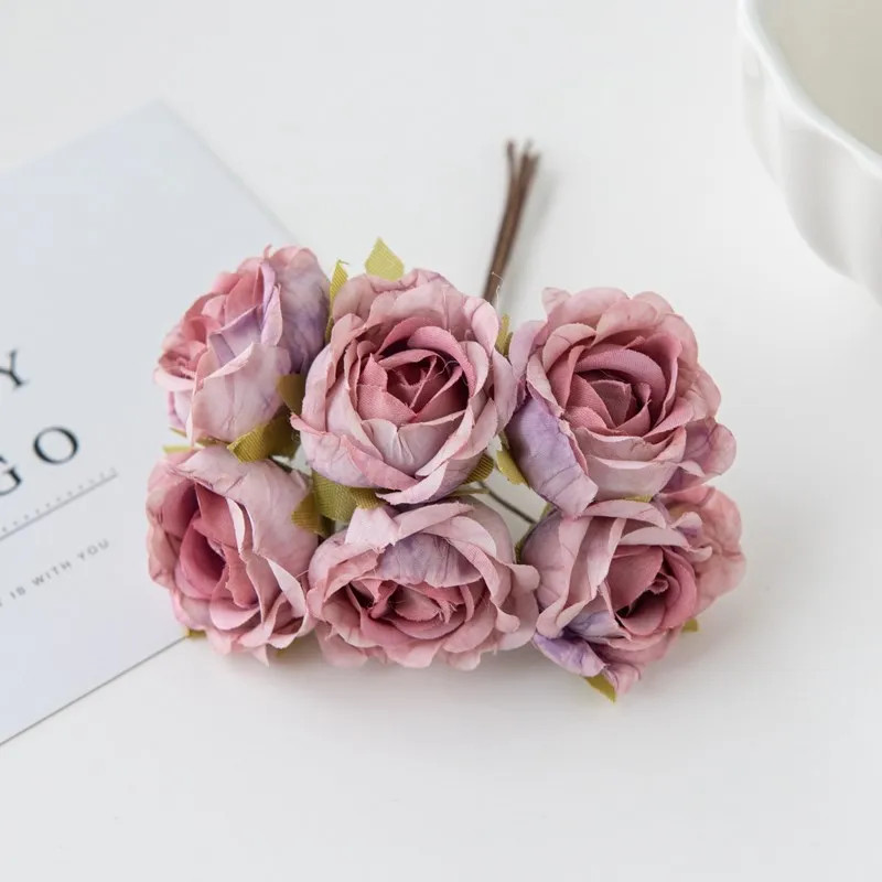 6Pcs Artificial Silk Tea Rose Mini Bouquet for Wedding Christmas Diy Home Decor