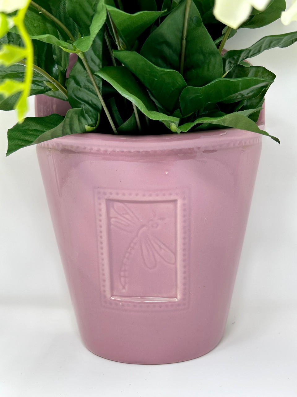 16″ Vintage HANGING Pink Dragonfly Ceramic WALL POCKET, Silk White Freesia flowe