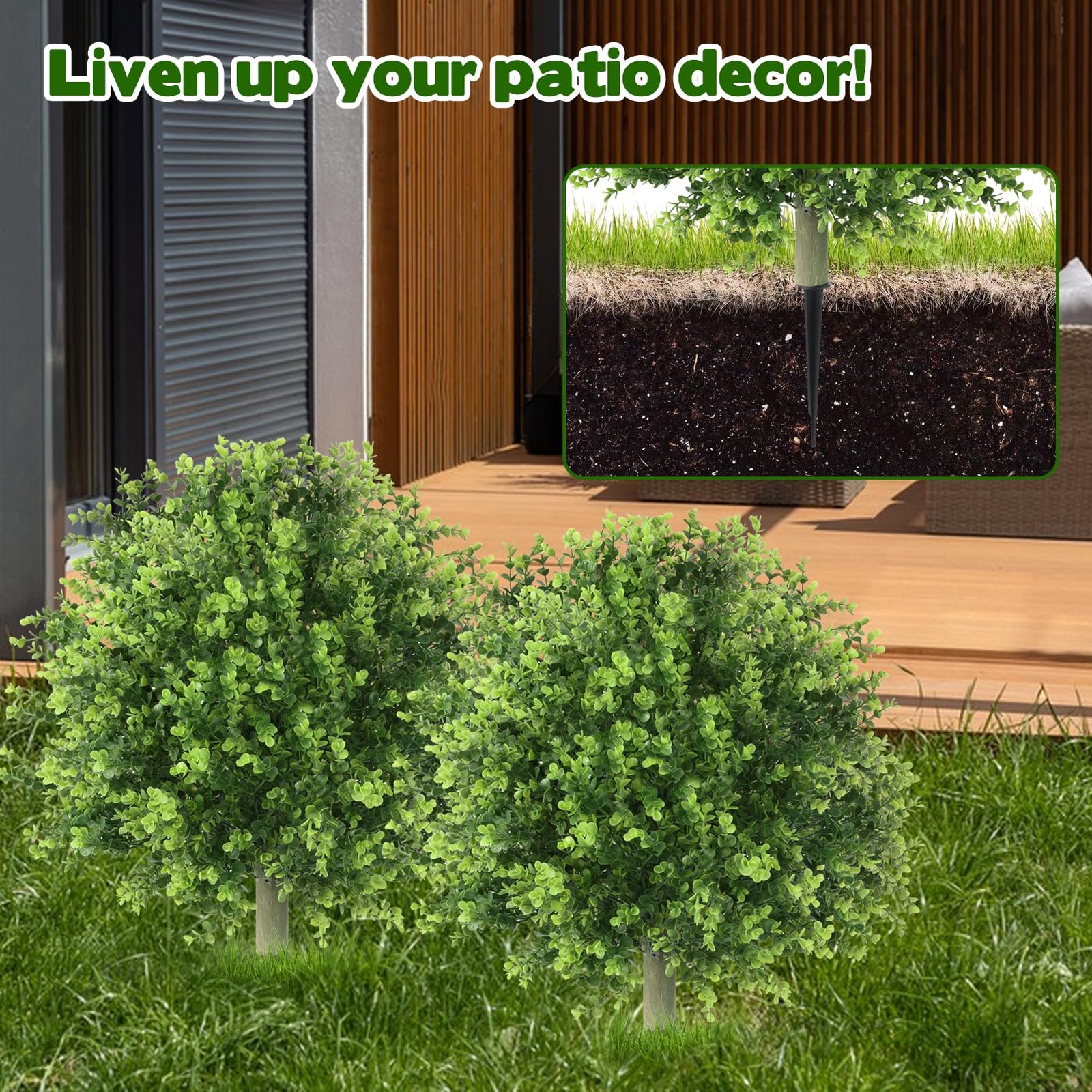2 Pack Artificial Boxwood Topiary 24” Faux Boxwood Tree with Ground Spike Ou…
