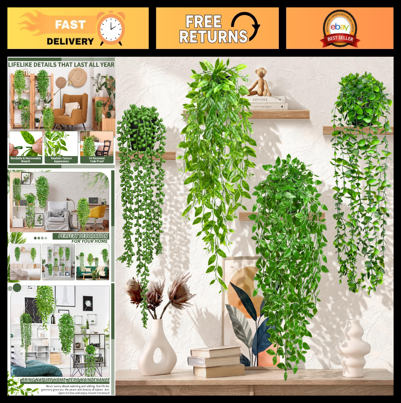 4 Pack UV Resistant Faux Hanging Plants – Eucalyptus, Mandala, Pea Pod & String