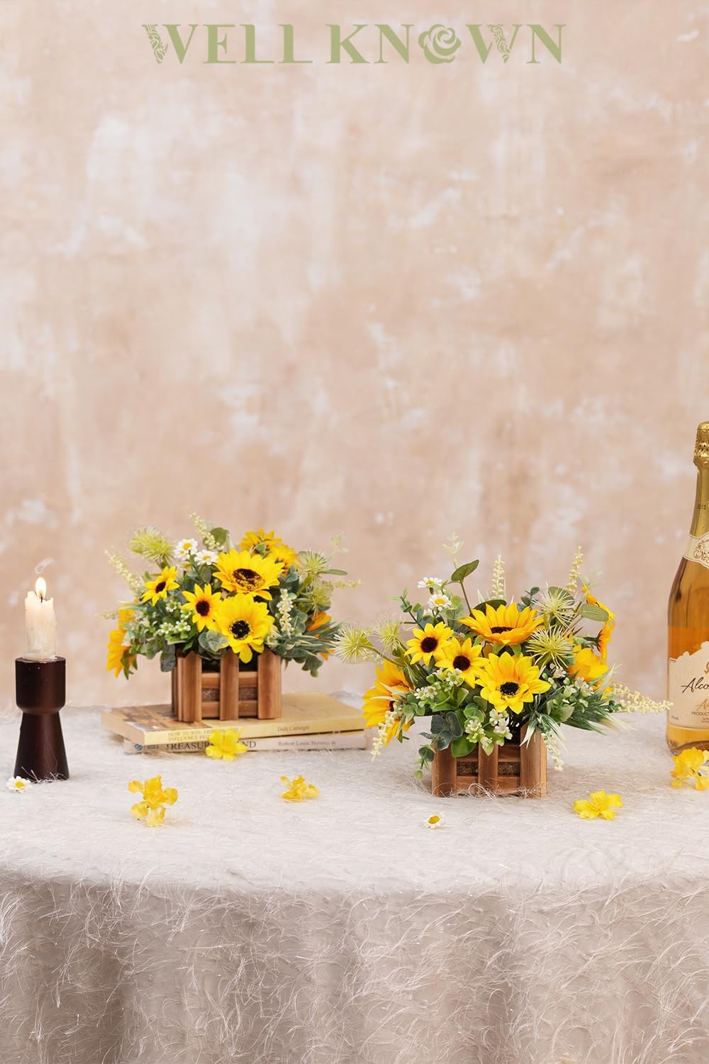 2 PCS Artificial Sunflower Plants Wooden Baskets Faux Flowers Arrangement