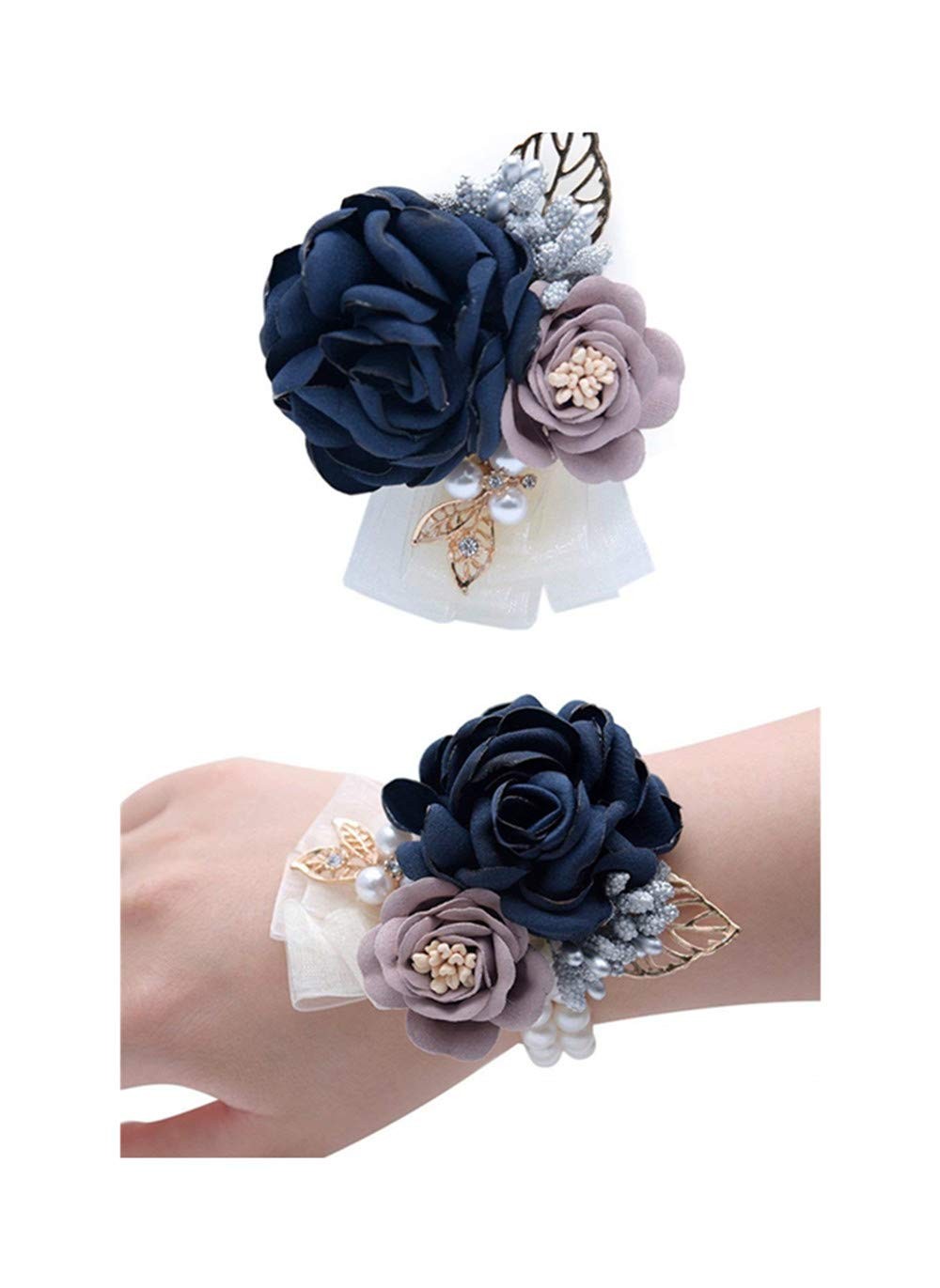 Rose Wedding Wrist Corsage Boutonniere Set Party Prom Ribbon Decor Dark Blue