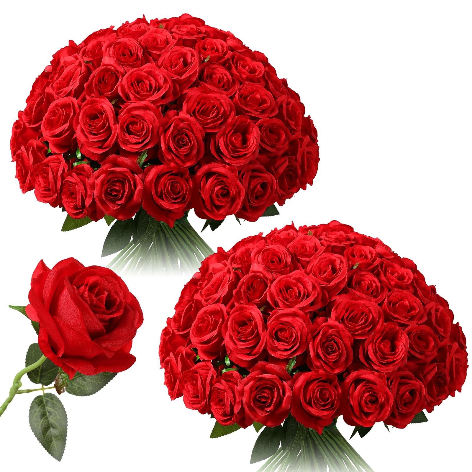 Tifuly 50pcs Red Roses in Bulk, Realistic Long Stem Fake Silk Roses B