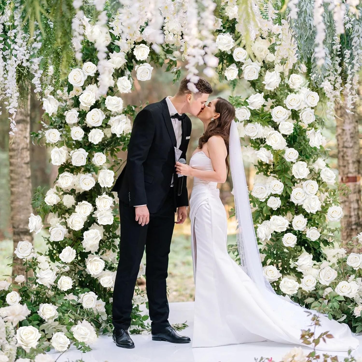 100 Pcs Velvet Silk Fake Roses – Long Stem White Flowers for Weddings & Decor