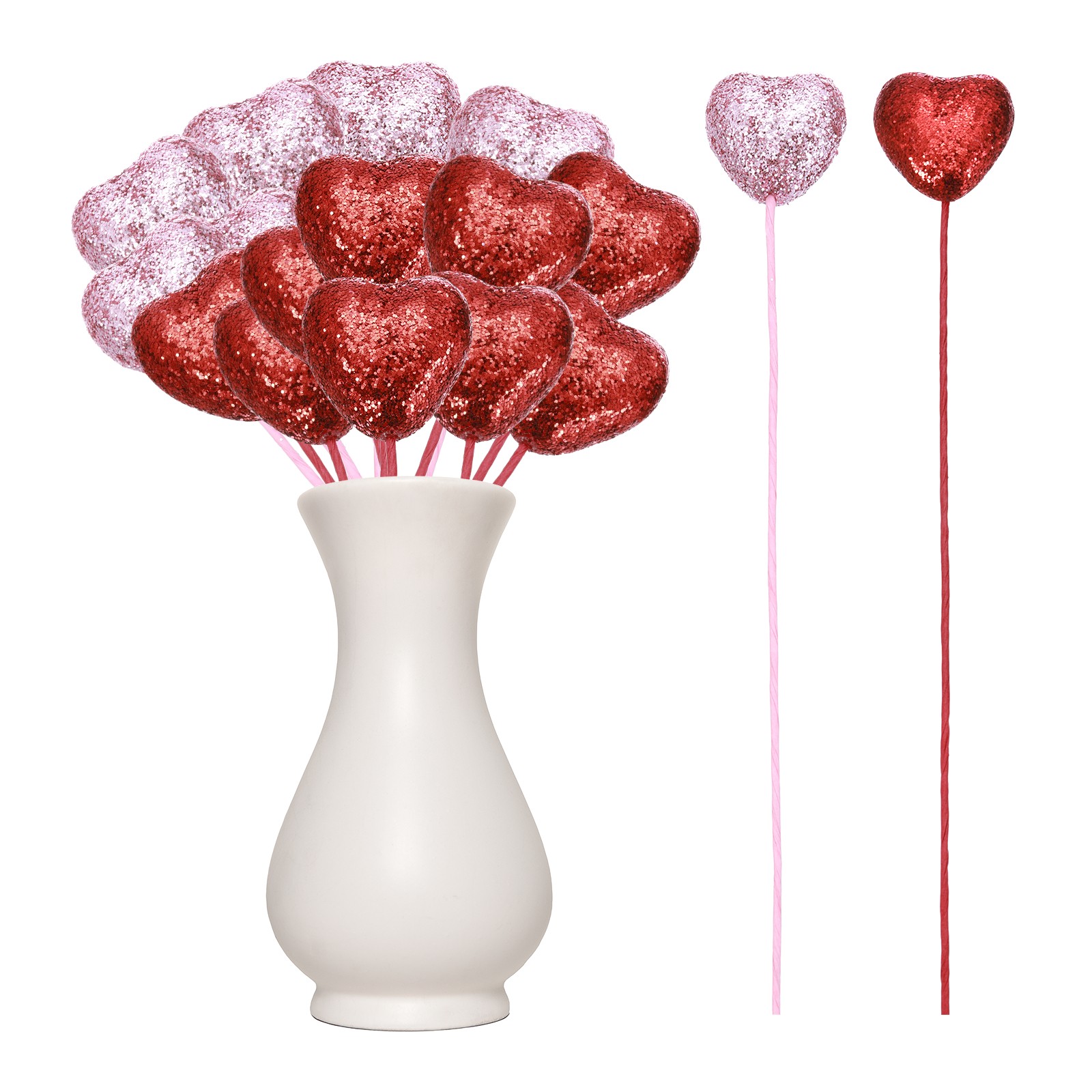 24 Pcs Glitter Heart Shaped Picks Puffy Foam Hearts Stick (Red/Pink, 3cm x 21cm)