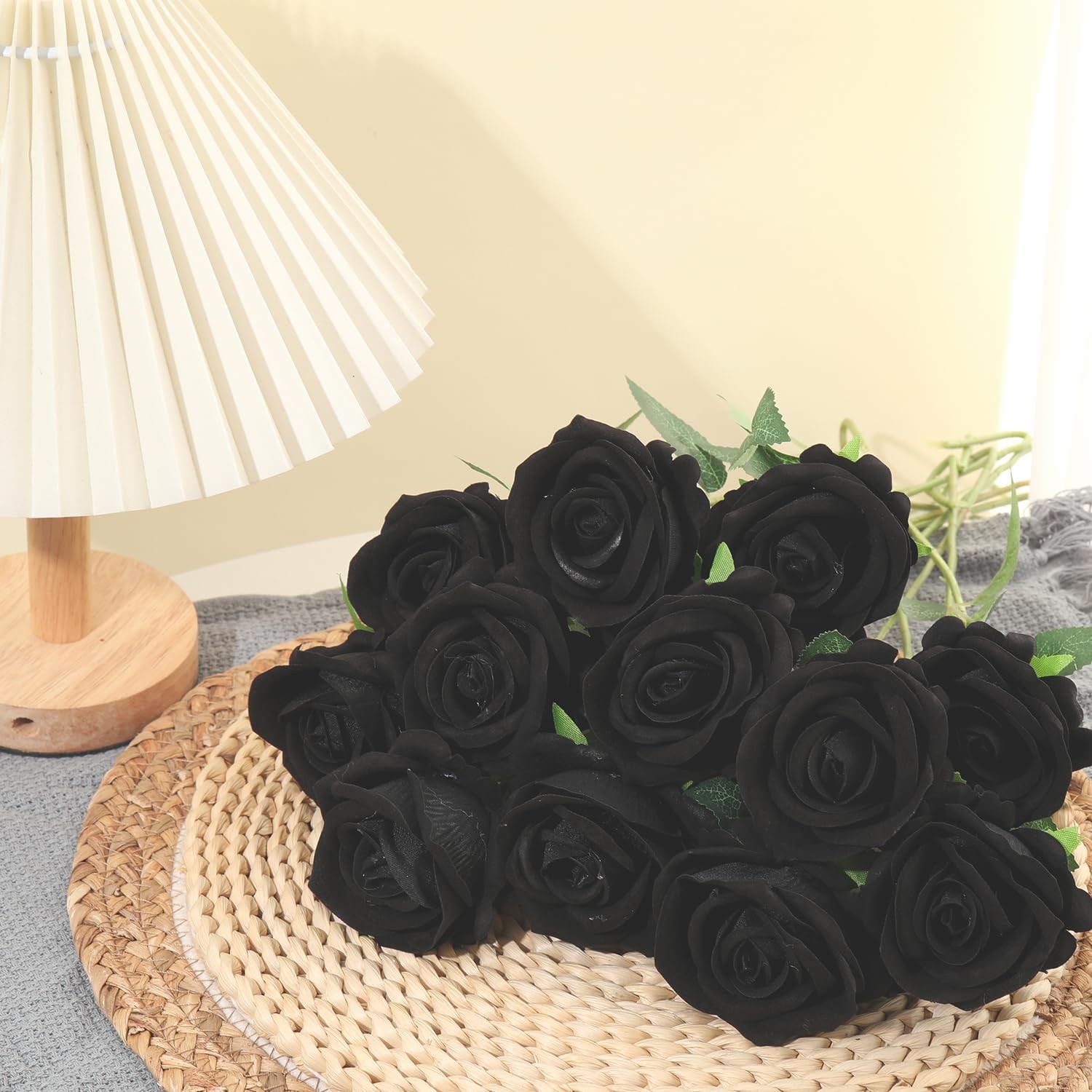 12 PCS Black Roses Artificial Flowers Faux Velvet Silk Roses Home Wedding
