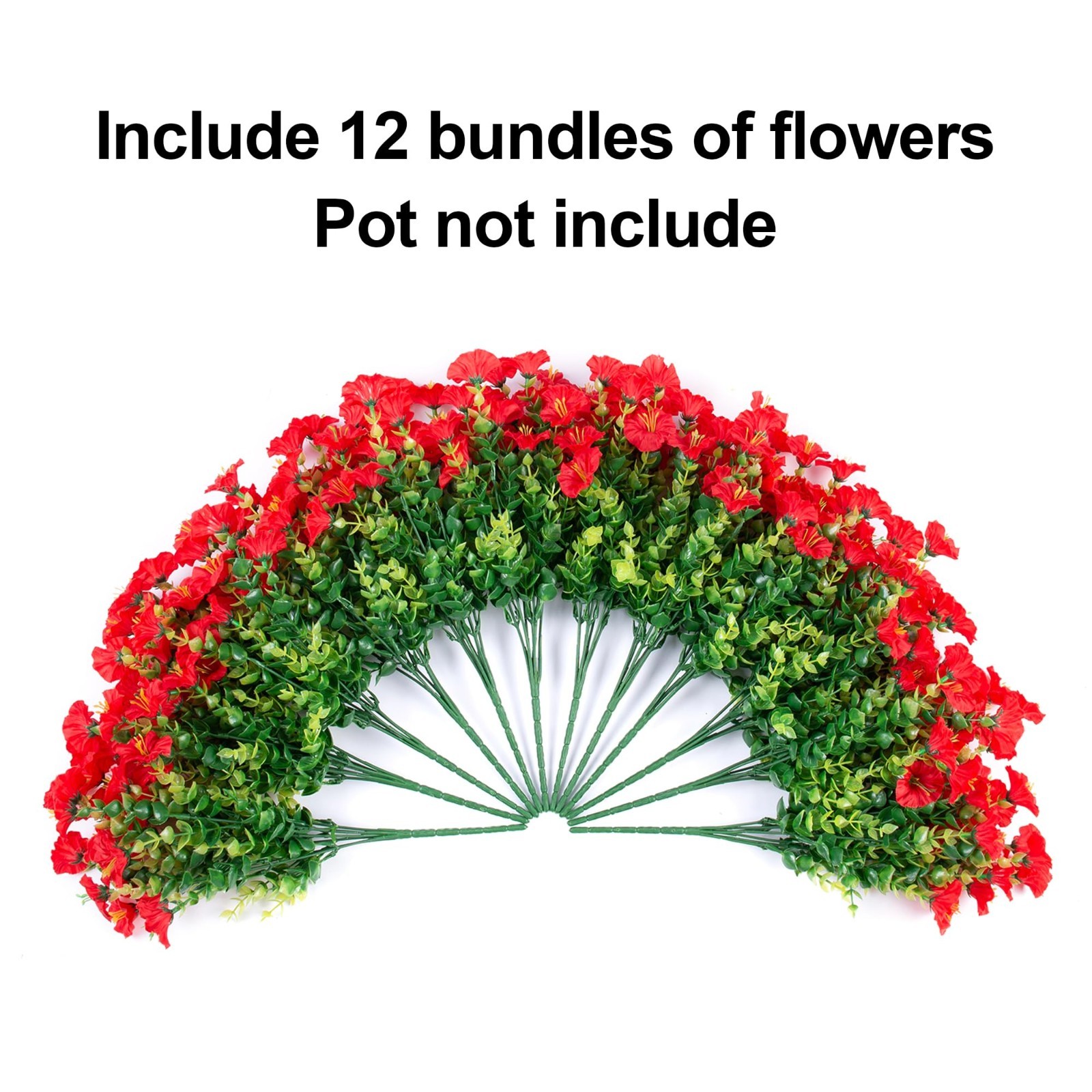 12 Bundles Red Silk Morning Glory & Eucalyptus – UV Resistant Faux Flowers for O