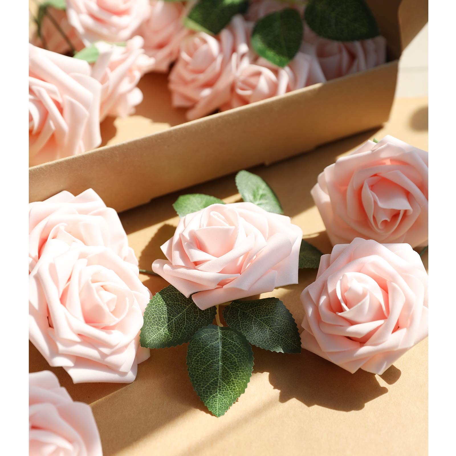 Artificial Flower Blush Pink Rose 25pcs Real Looking Fake Roses w/Stem for DIY W