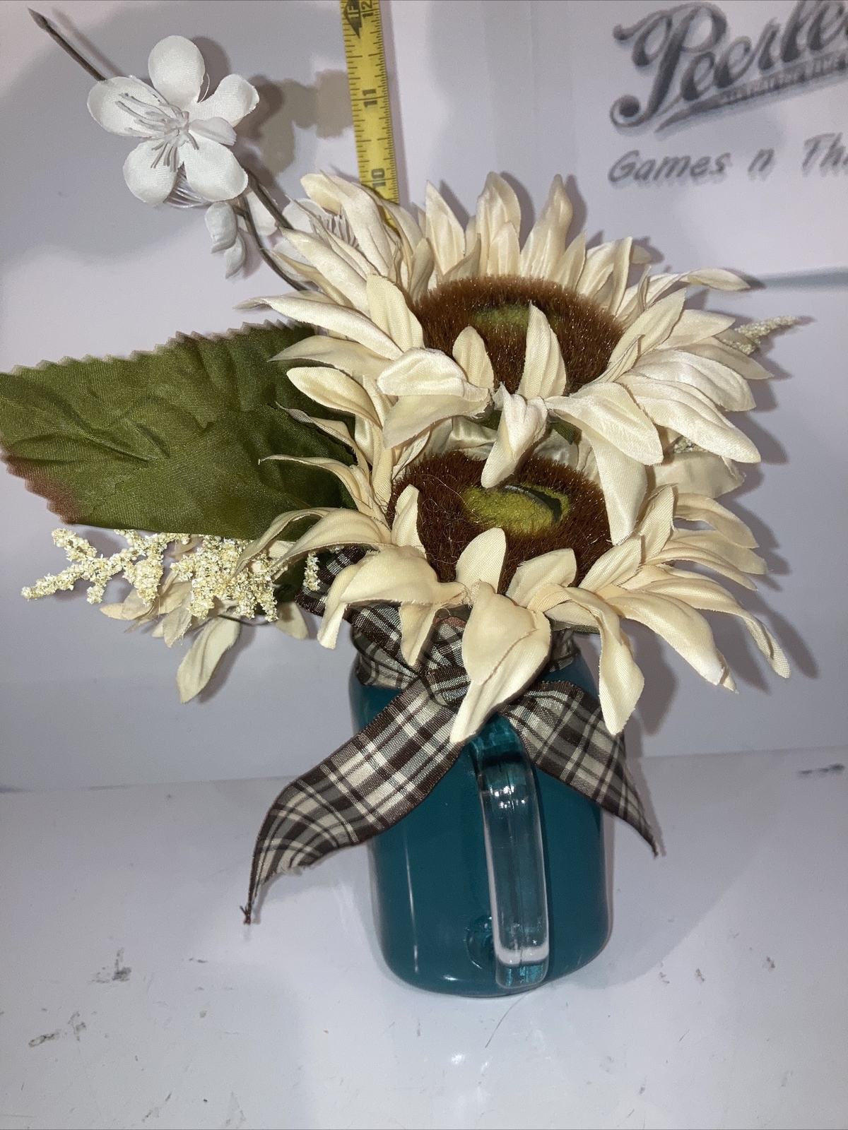 Floral Arrangement Sunflowers In Mason Jar Mug 11” Tall 5-6” Wide