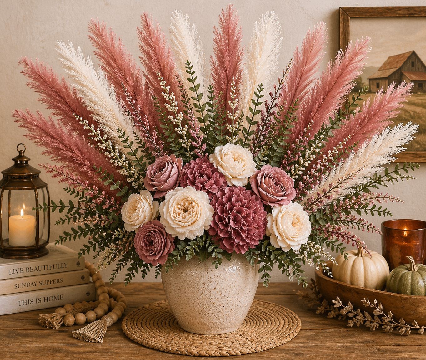 Rose Pink Pampas Grass 3 Stem Faux Pampas 21 Inch Boho Decor Rustic Vase Filler
