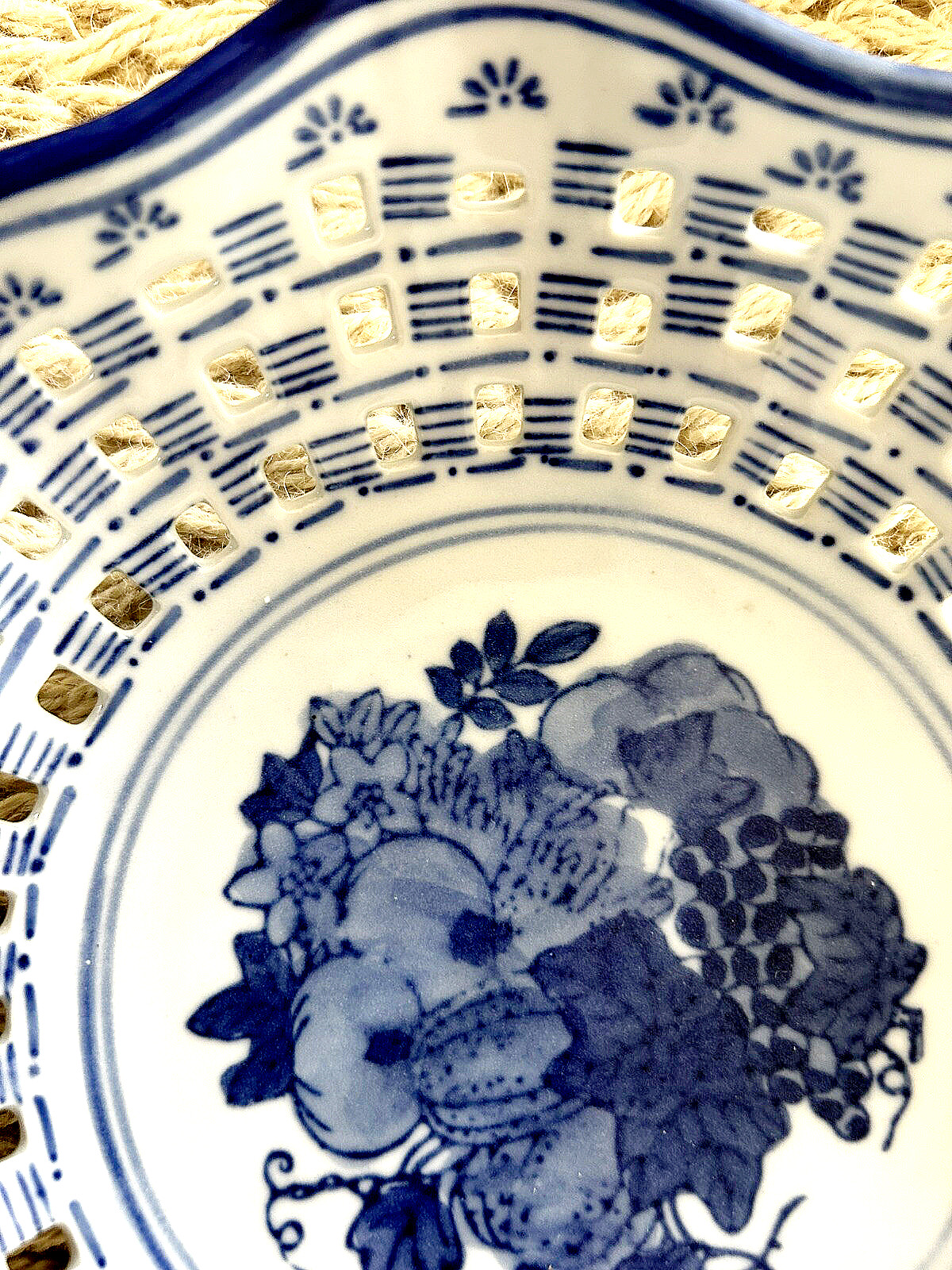 Hand-Painted 8 Ceramic Chinoiserie Perforated Basket – Signed Asian Fruit Decor