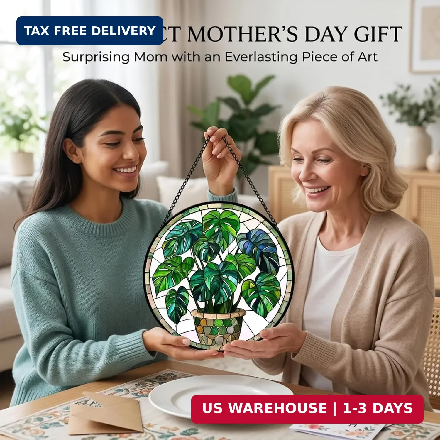 Birthday Gifts for Women – Green Monstera Plant Faux Stained Glass Window Hangin