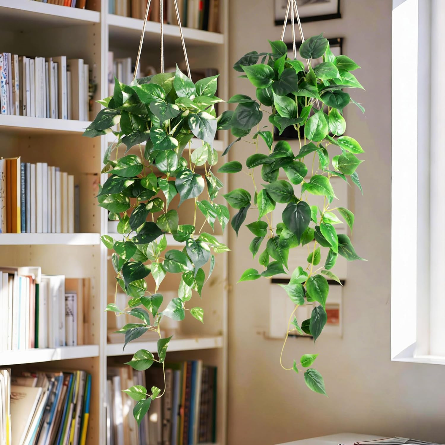 4PC Fake Hanging Pothos Plants with Pots, 33″ Faux Ivy for Home Decor