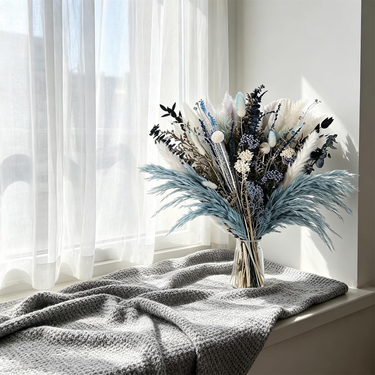 Dusty Blue Pampas Grass Arrangement, Blue and White Dried Flower Bouquet with…