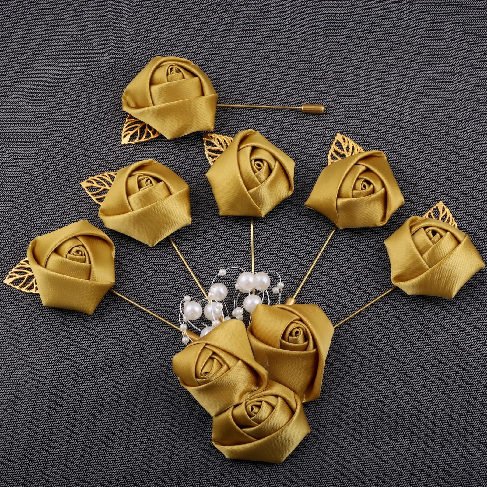 7 PCS Gold Artificial Rose Corsages Boutonniere Pins Men Wedding Suit Decor