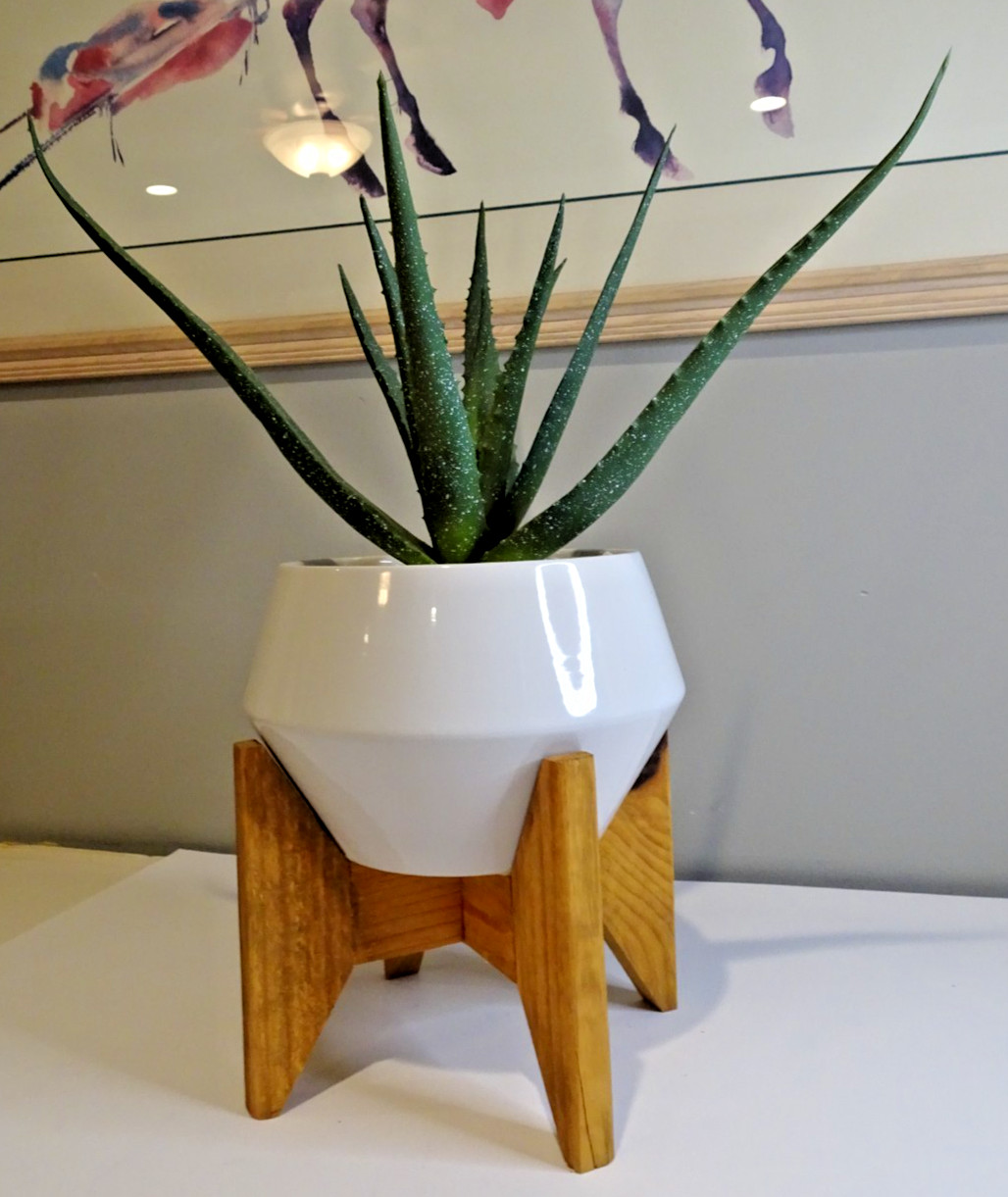 Artificial Fake Aloe Plant with White Ceramic Pot on Wood Stand 19.5 inches tall
