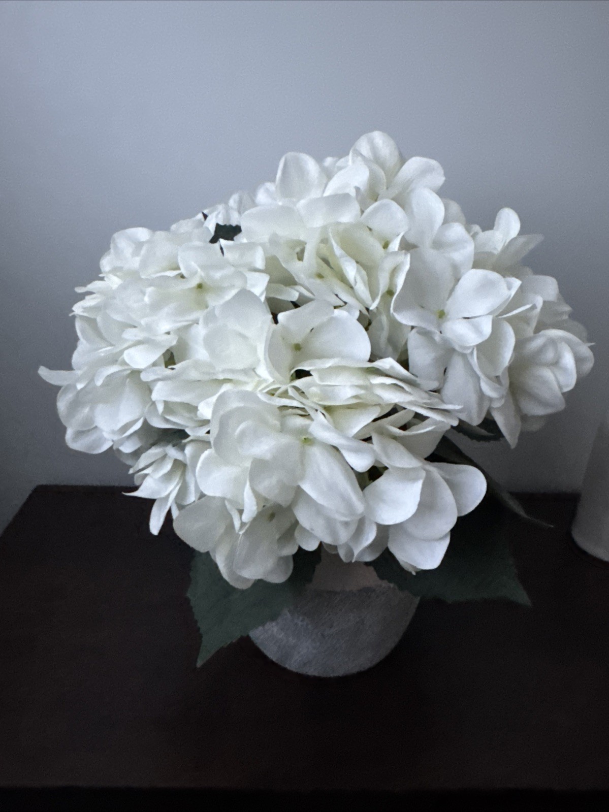 Contemporary Spring Faux Arrangement -White Hydrangea In Pottery Vase