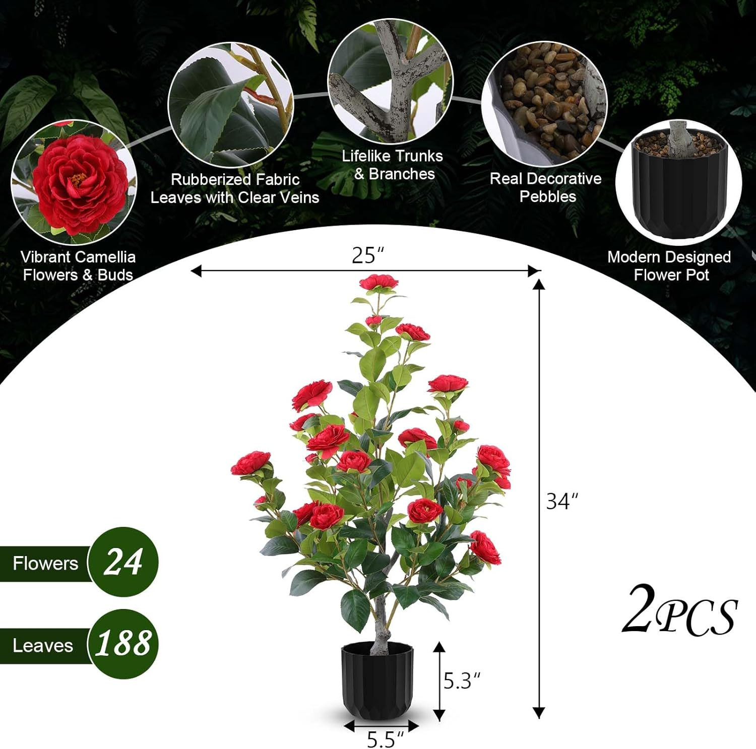 Faux Camellia Trees – 2 Pcs Red Indoor/Outdoor Decor in Pots