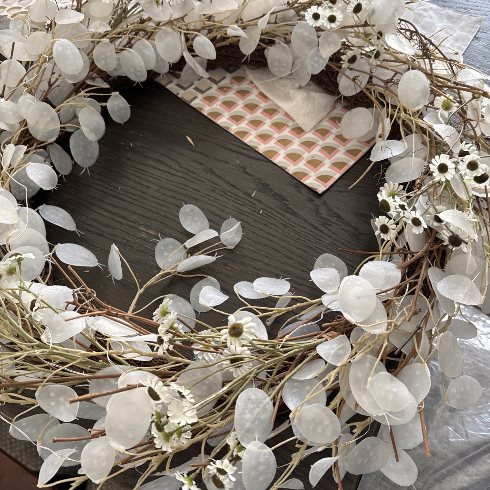 Dried Look Translucent Bleached Lunaria Wreath W/ Lights