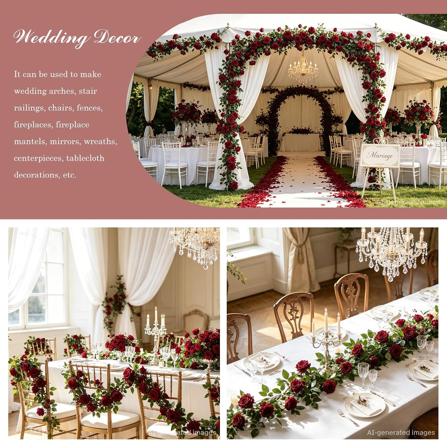 Burgundy Silk Rose Garland – 73” Floral Vines for Home & Wedding Decor
