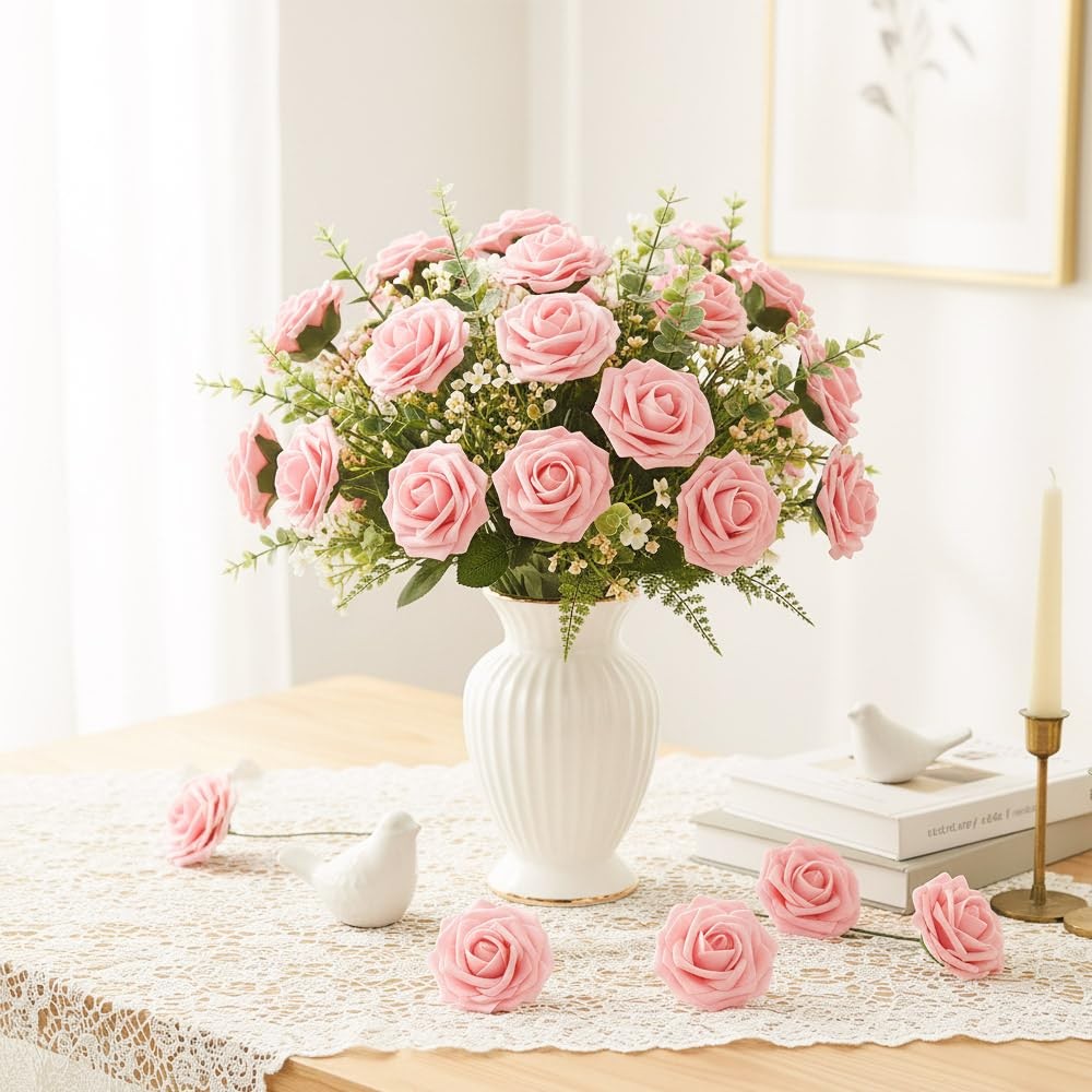 Artificial Flowers, 25pcs Blush Pink Fake Roses with Stems for DIY Wedding De…