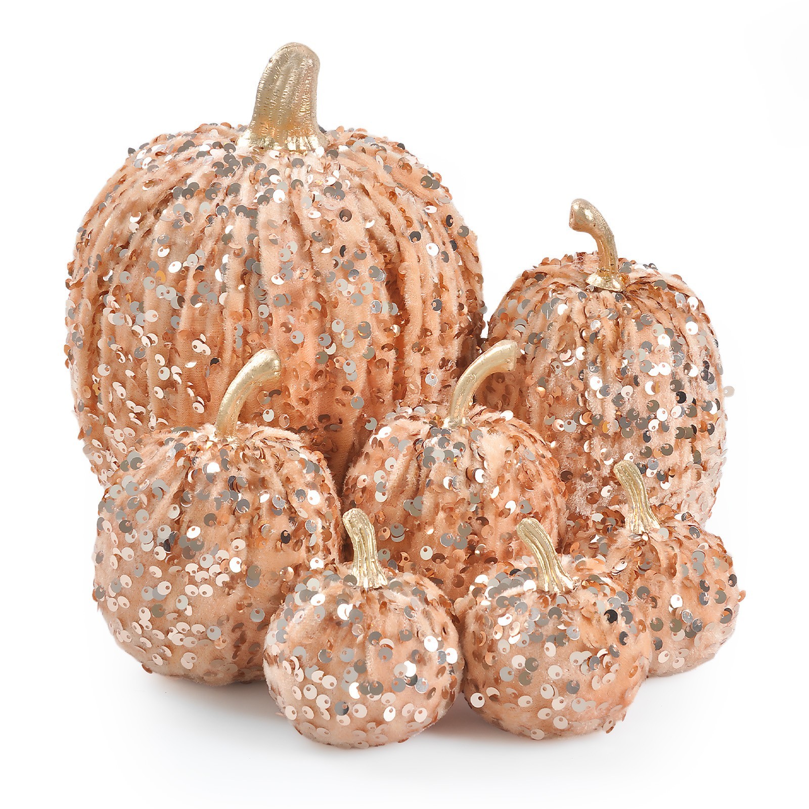 7 Pc Sequin Pumpkin Set Foam Core Plush Fabric Shimmering for Seasonal Display