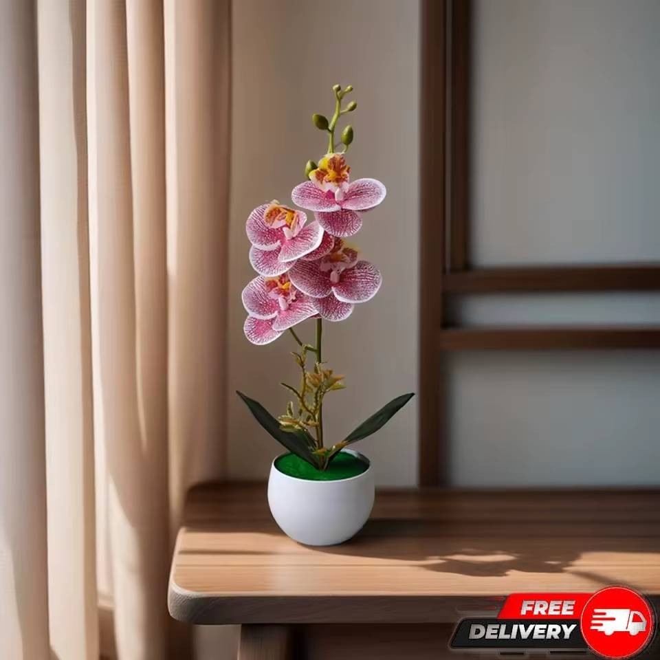 Purple Striped Artificial Orchid Potted Plant Fake Flower Table Decor