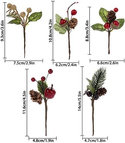20 PCS Christmas Pine Picks With Red Berries Cones Artificial DIY Crafts Gift