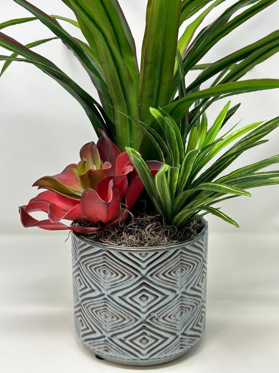 20″ Lg Faux Green-Red YUCCA Silk plant, Red Kalanchoe, Dracaena in Ceramic blue-