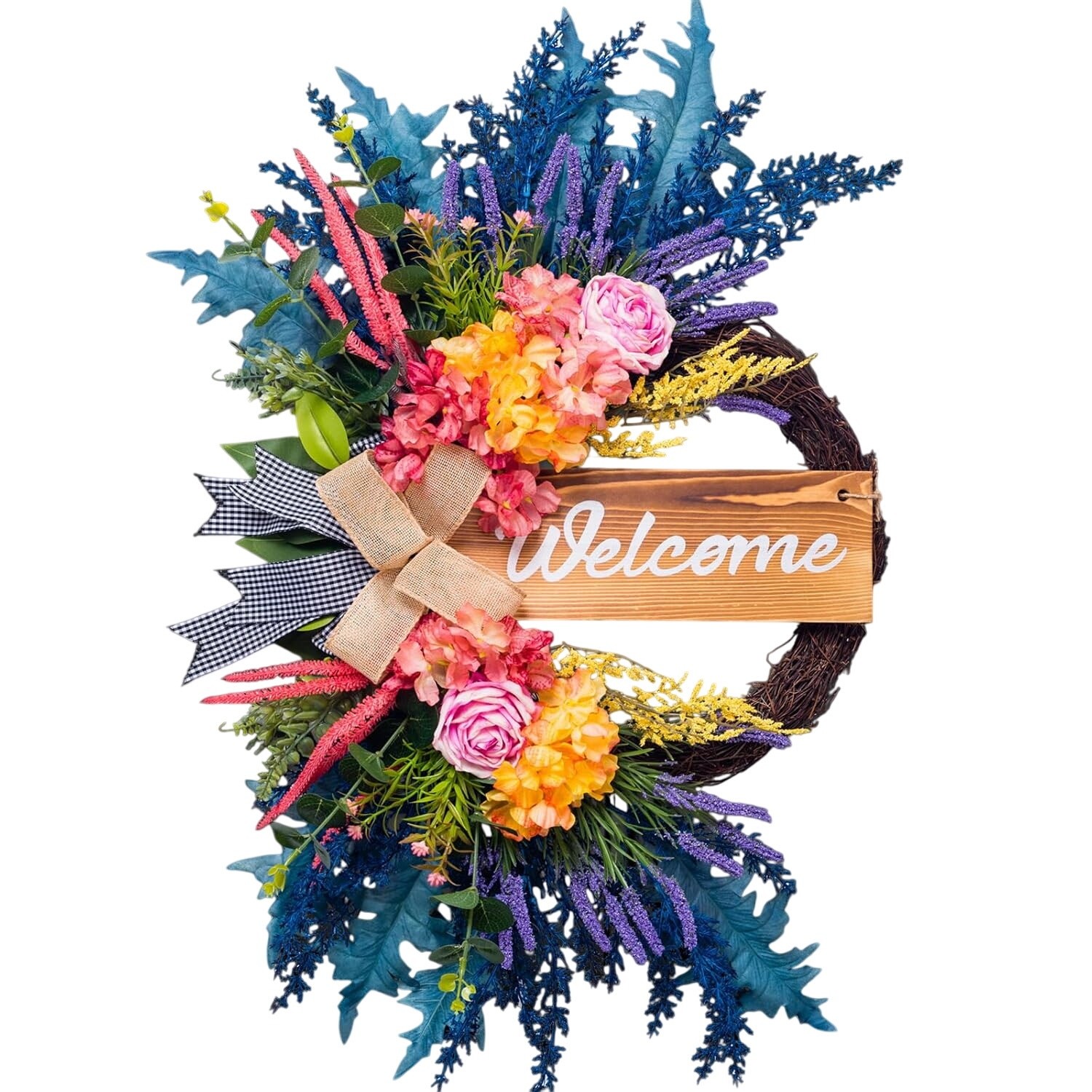Large Pink Yellow Flowers and Greenery Modern Door Wreath and Welcome Sign