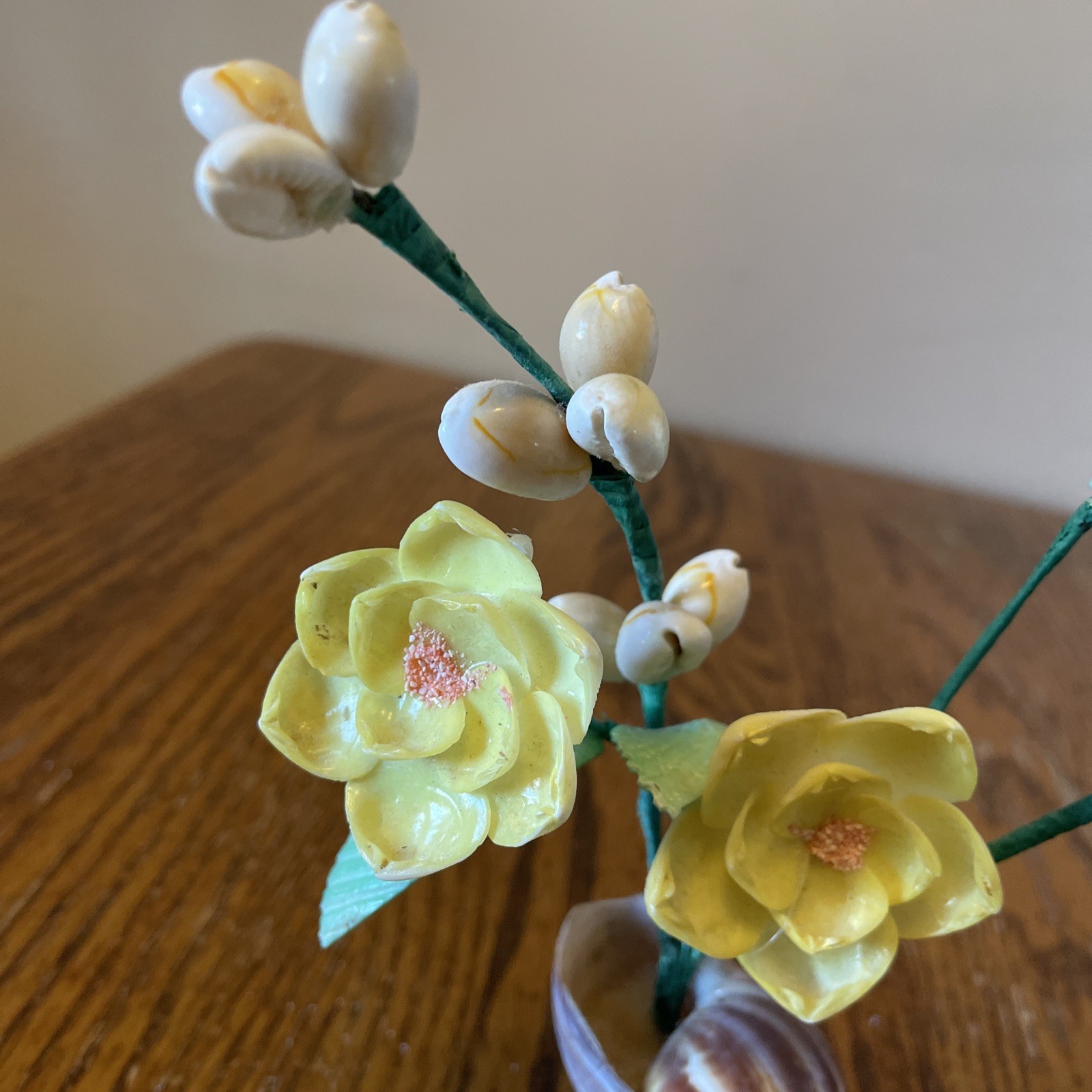 Vintage Handmade Sea Shell Bouquet of Yellow Flowers Floral Arrangement Kitsch