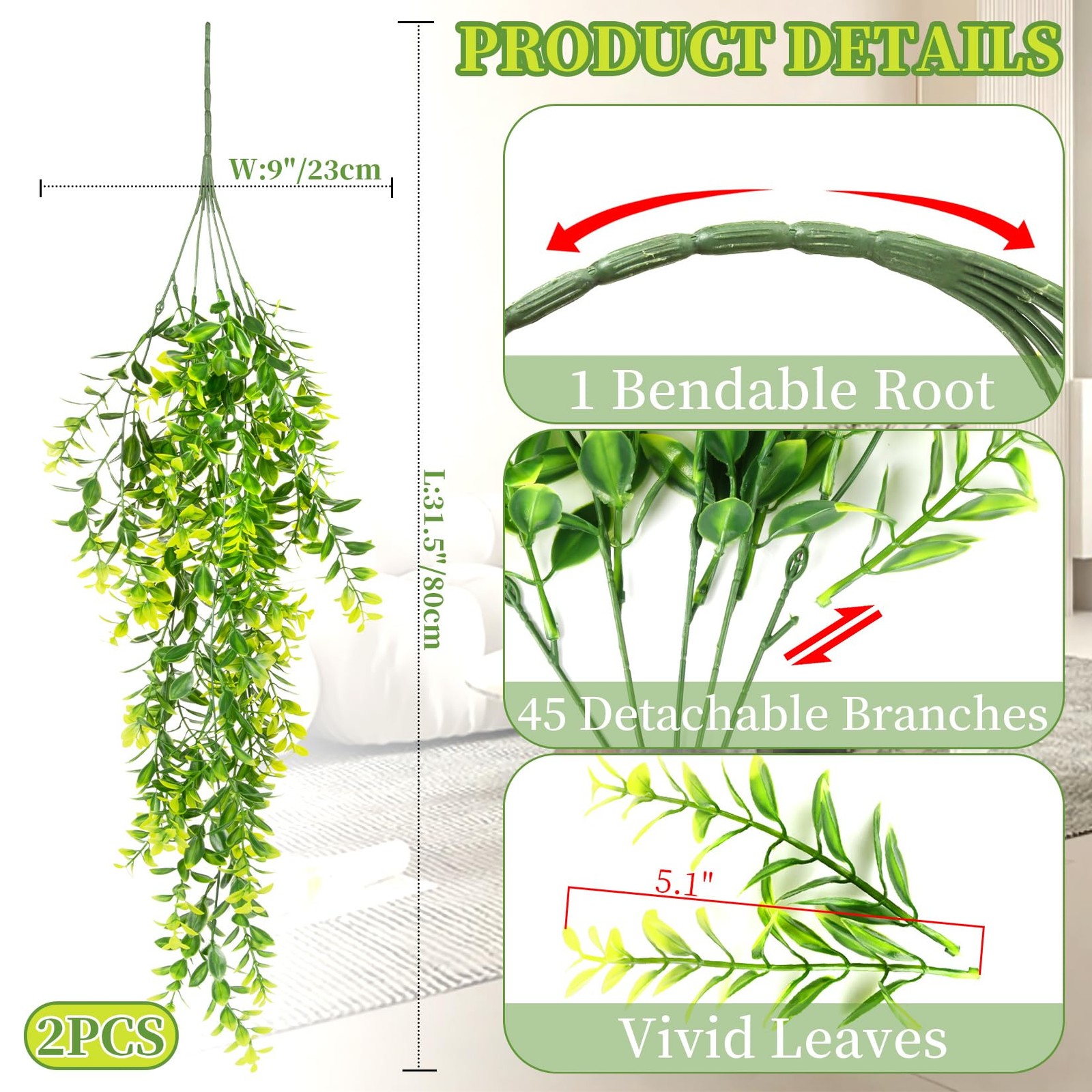 2PCS Fake Hanging Plants – Lifelike Plastic Milan Grass Hanging Lvy Vine, Art…