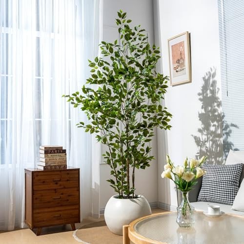 Artificial Ficus Tree 7ft Tall Potted Faux Plant Realistic Silk Leaves Indoor