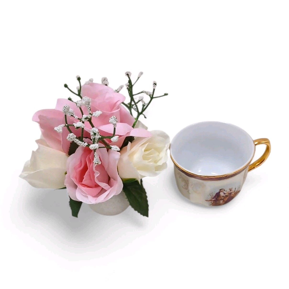 Bridal Pink & White Roses Floral Arrangement Tea Party Cup POP-IN Birthday Love