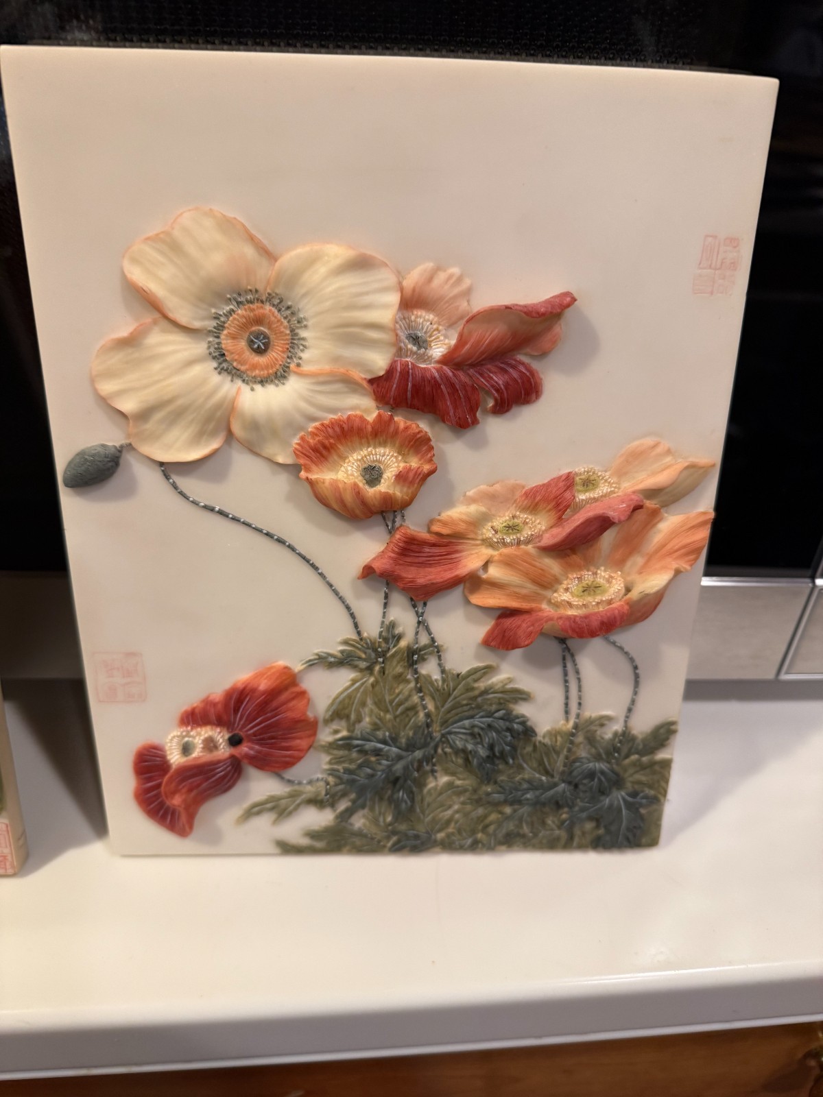 Vintage 2 Chinese PLAQUES Hand Painted PEONY AND ORCHIDS 7.5″ X 9.5″ SIGNED