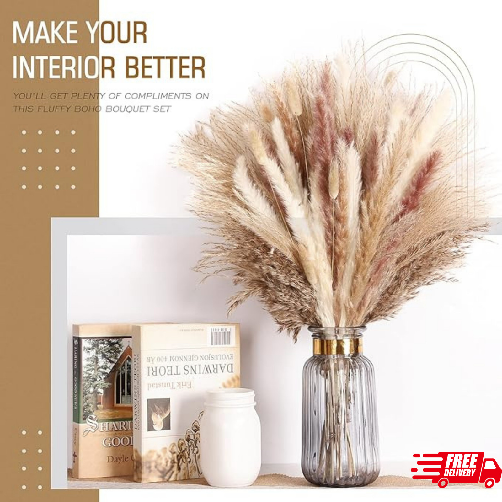 75Pcs Pampas Grass Decor-10Pcs White Pampas Grass, 20Pcs Brown Pampas Grass, 10P
