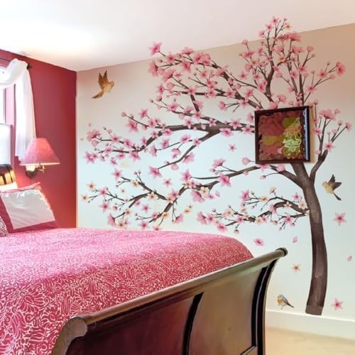 Pink Cherry Blossom Floral Birds Wall Decals Large Cherry Blossom Tree Branch Wa