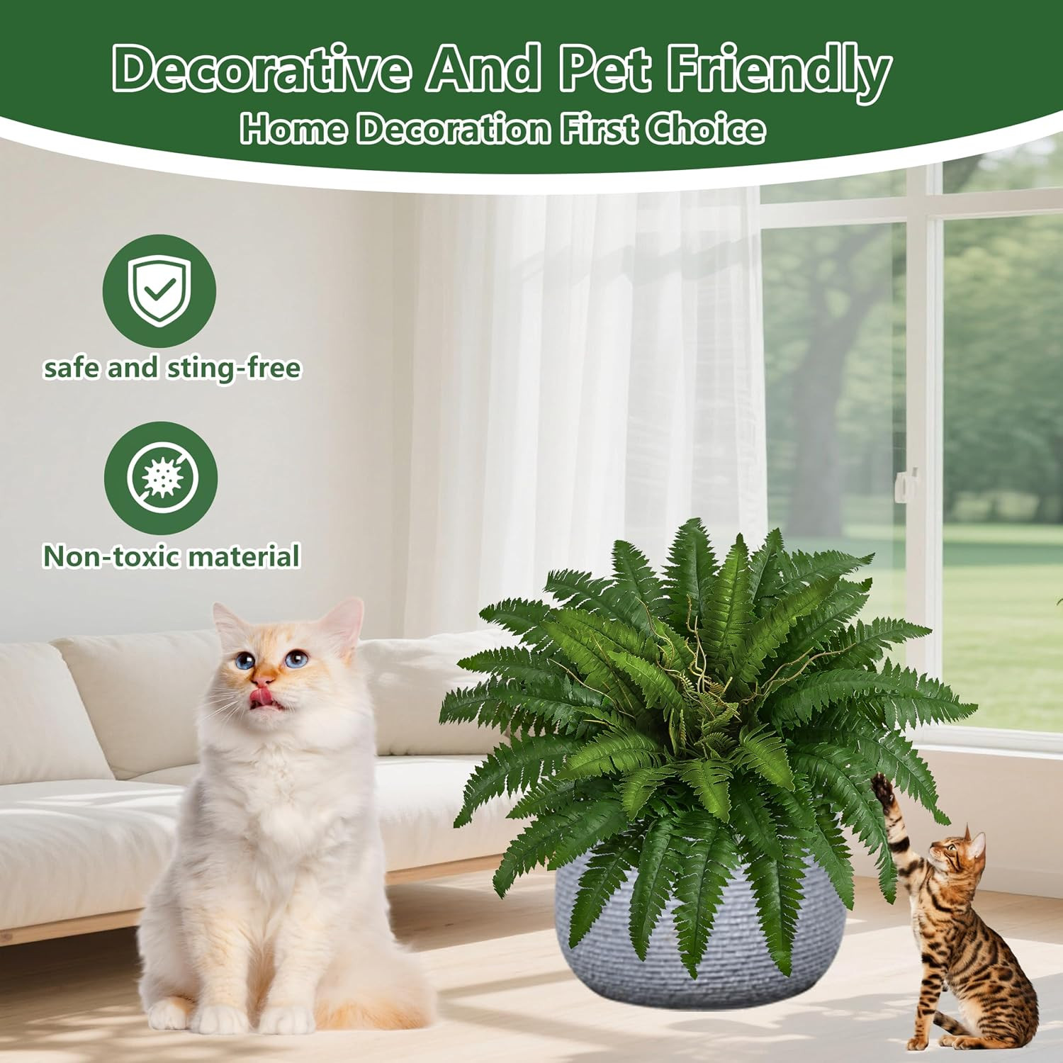 38″ Artificial Boston Ferns Bush Plants, Set of 2, Large Faux Ferns Hanging Deco