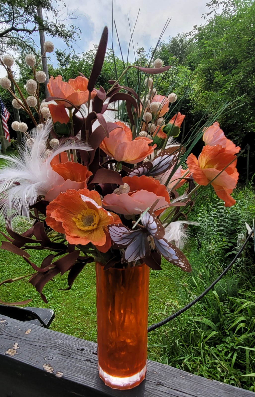 Artificial Poppy Flowers in Orange 8″Vase Butterfly,Feathers much More ,