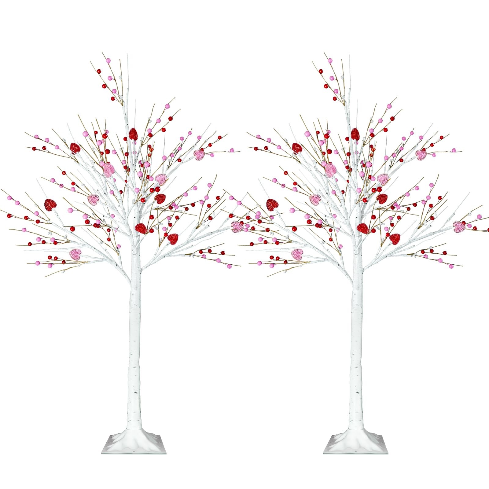 2 PCS 4 FT Lighted Birch Tree 48 LED Heart Berry Ornaments Red Pink Lights