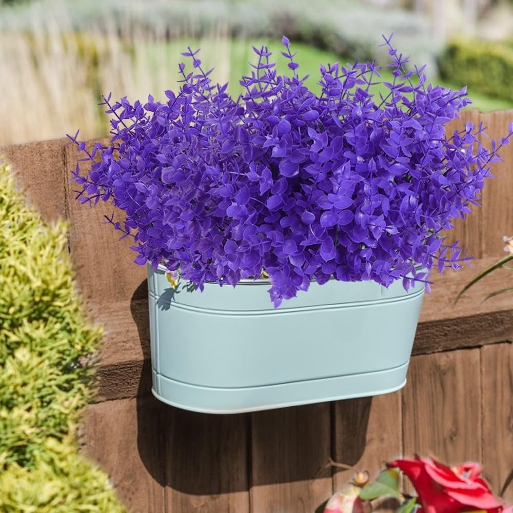 Vibrant UV Resistant 8 Pcs Fake Plants – Pure Purple Eucalyptus for Home Decor