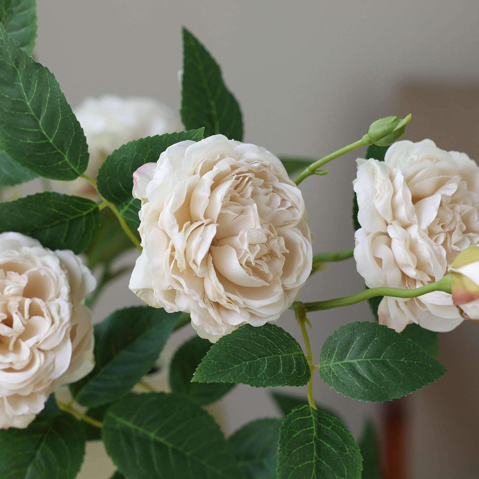 4Pcs Beige Artificial Roses Flowers Fake Silk Rose Flower with Leaves Stems R…