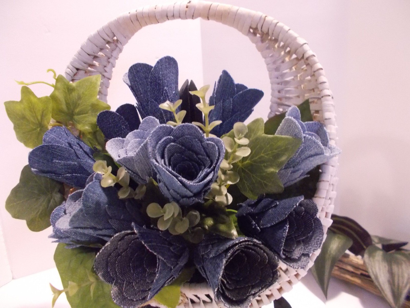 Handcrafted Wall Pocket Basket with 12 Denim Roses – Western Denim Rustic Decor