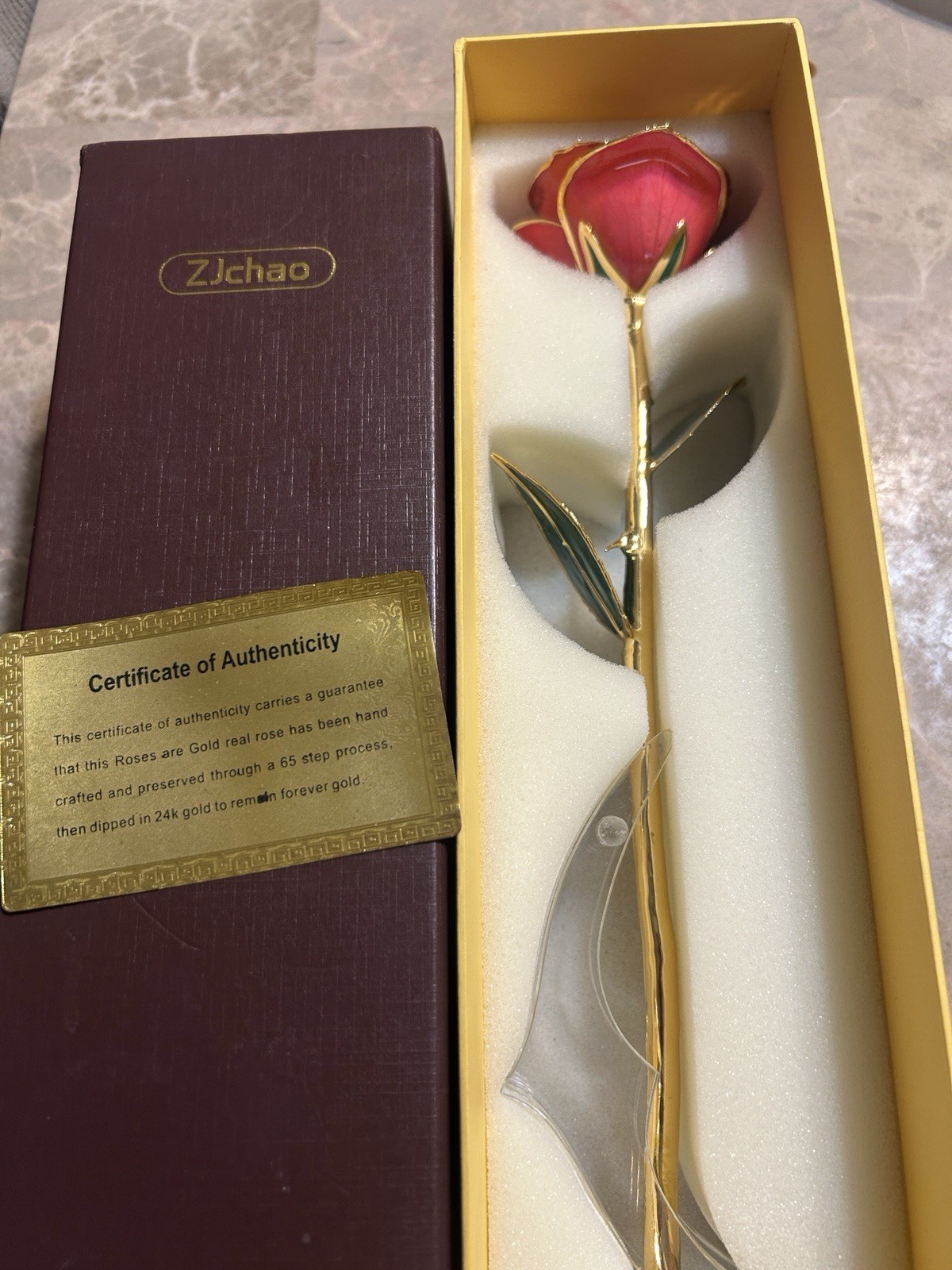 ZJchao 24K Gold Dipped Preserved Pink Rose Flower w/ Certificate