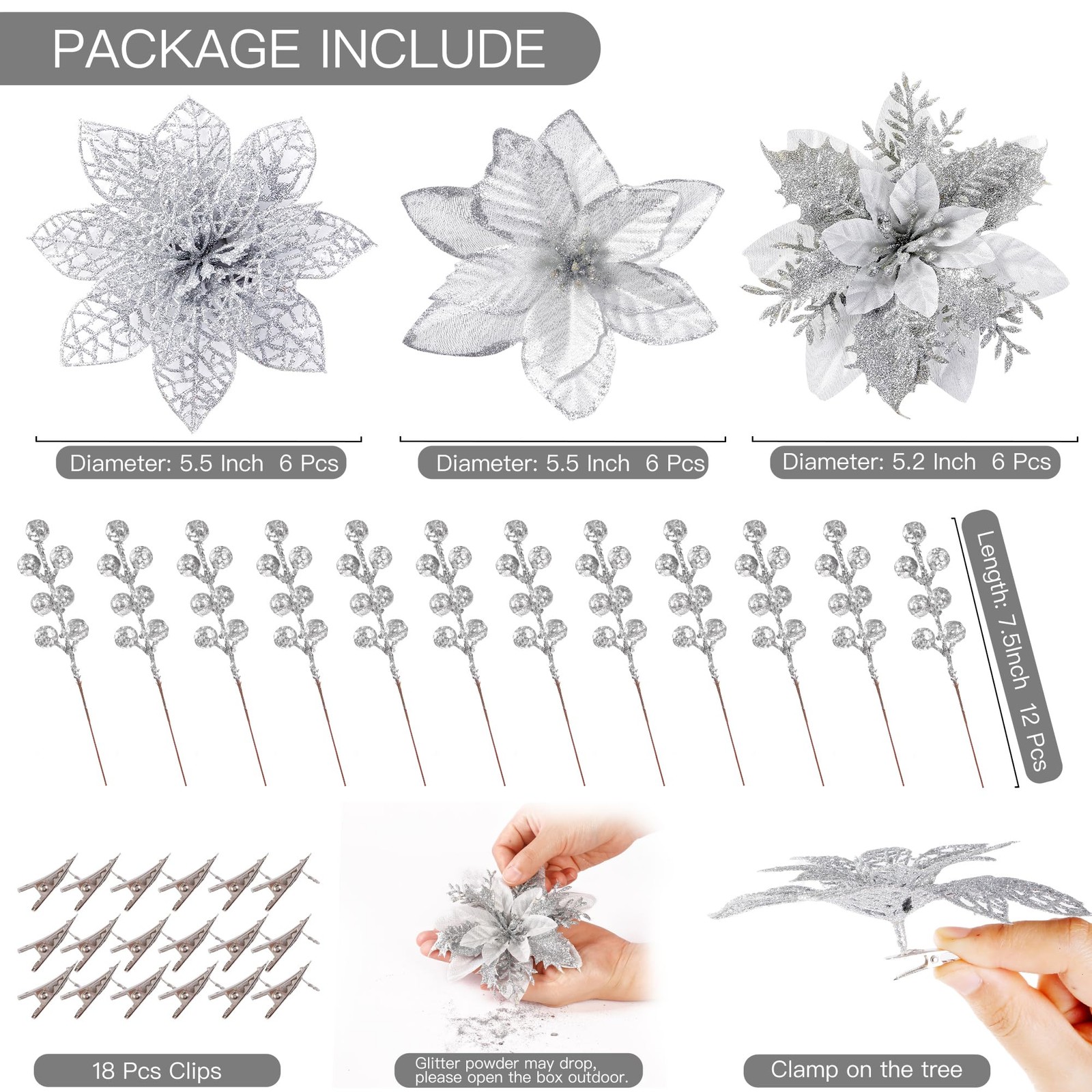 30 PCS Christmas Glitter Poinsettia Flowers Artificial Berry Picks Silver