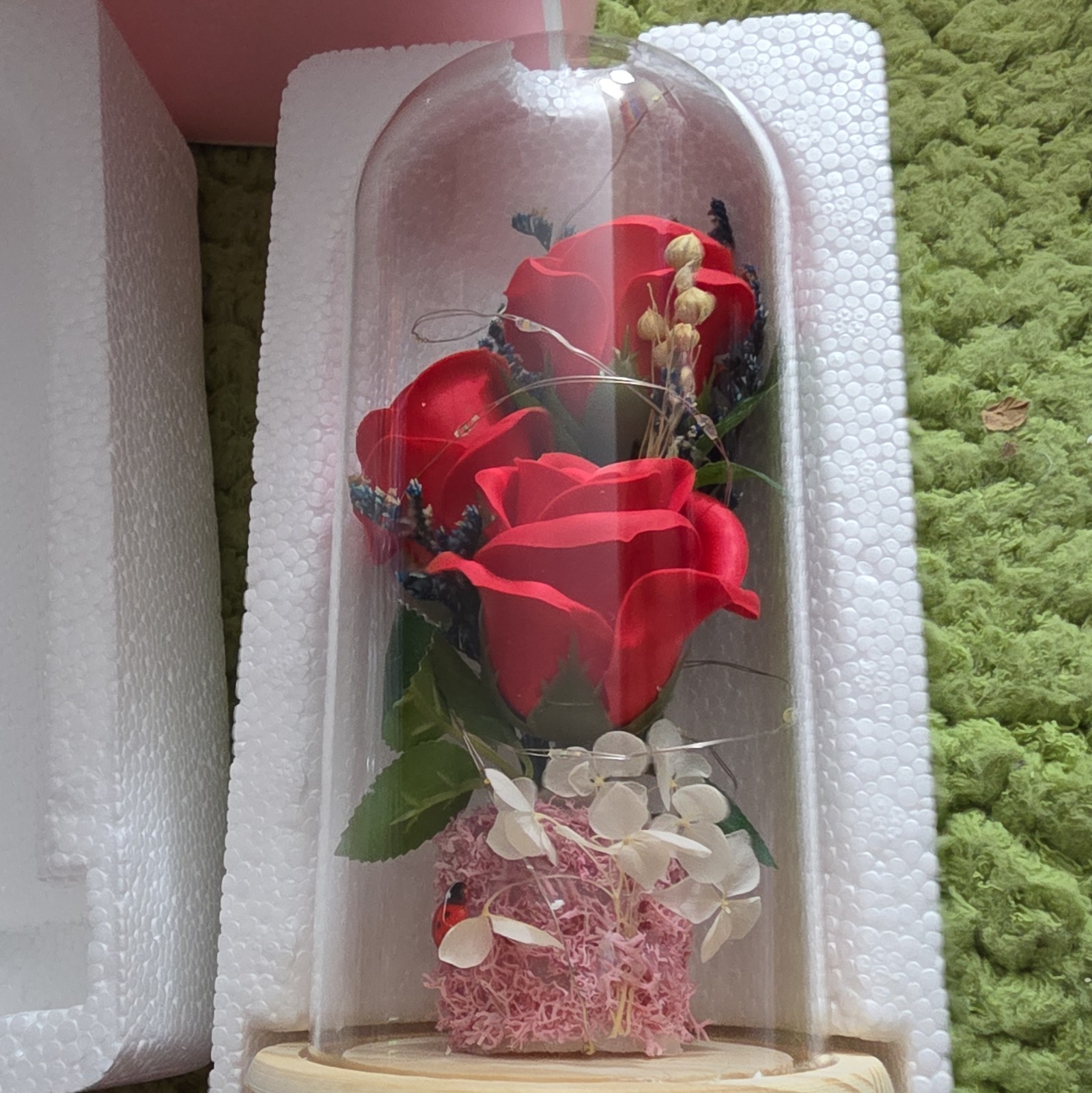 Rose of Love Artificial Red Rose Arrangement in Glass Dome with Wood Base